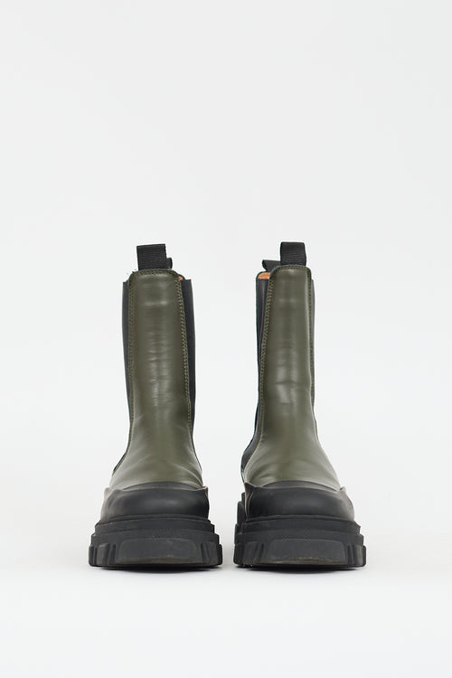 Ganni Green & Black Leather Lug Sole Chelsea Boot