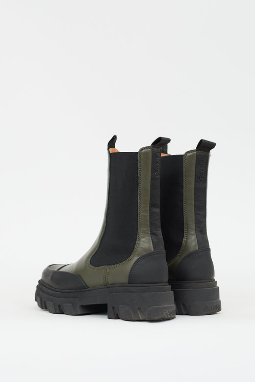 Ganni Green & Black Leather Lug Sole Chelsea Boot