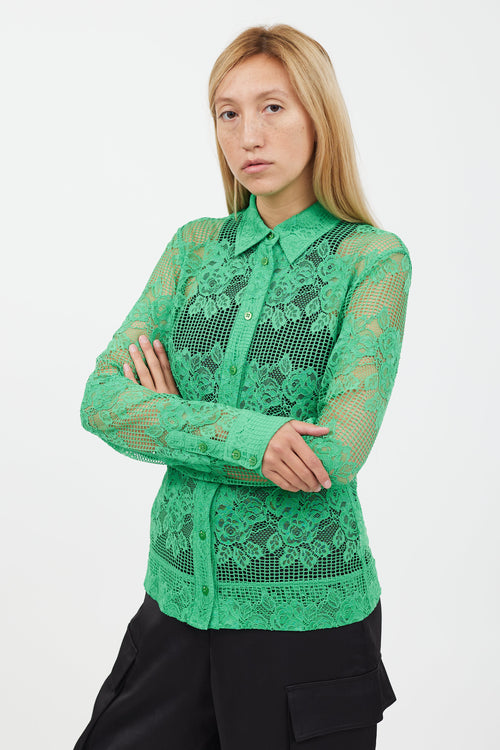 Ganni Green Floral Lace Mesh Longsleeve Shirt