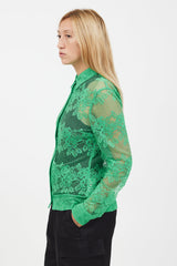 Ganni Green Floral Lace Mesh Longsleeve Shirt