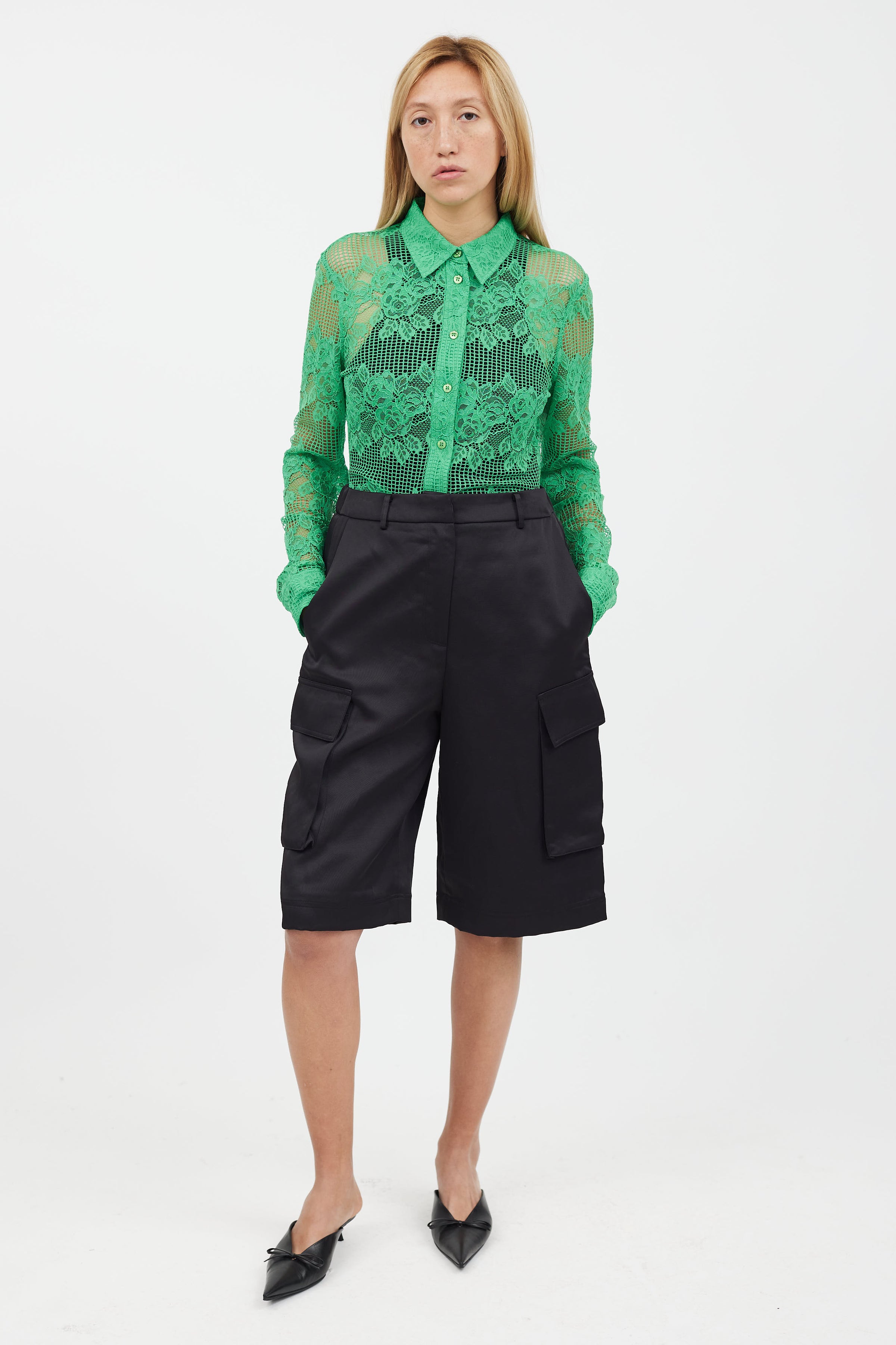 ganni green lace dress GANNI Kelly Green Cutout Twisted Lace Midi Dress Long Sleeve 38