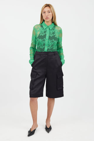Ganni Green Floral Lace Mesh Longsleeve Shirt