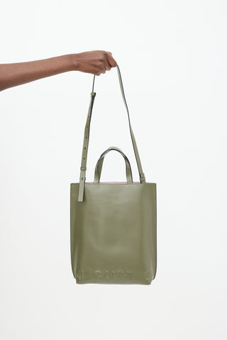 Ganni Green Leather Banner Logo Tote Bag