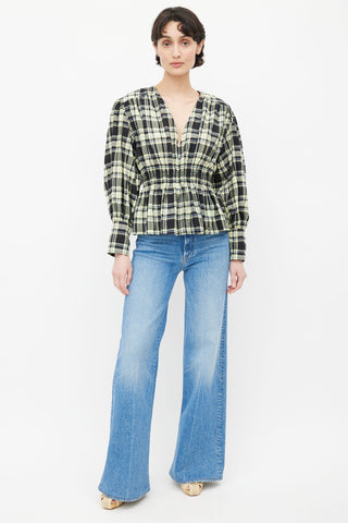 Ganni Black & Yellow Plaid Seersucker Blouse