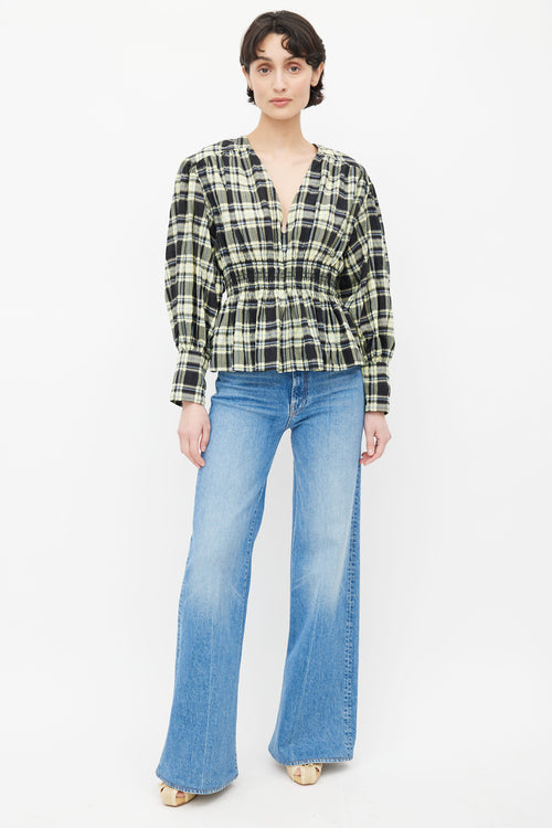 Ganni Black & Yellow Plaid Seersucker Blouse
