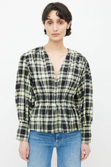Ganni Black & Yellow Plaid Seersucker Blouse