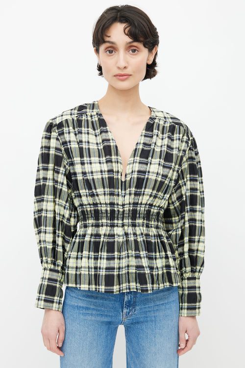 Ganni Black & Yellow Plaid Seersucker Blouse