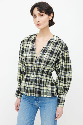 Ganni Black & Yellow Plaid Seersucker Blouse