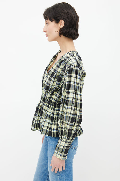 Ganni Black & Yellow Plaid Seersucker Blouse