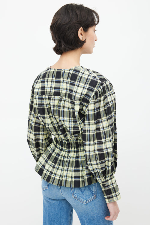 Ganni Black & Yellow Plaid Seersucker Blouse