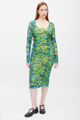 Ganni Green & Multicolour Printed Ruched Mesh Dress