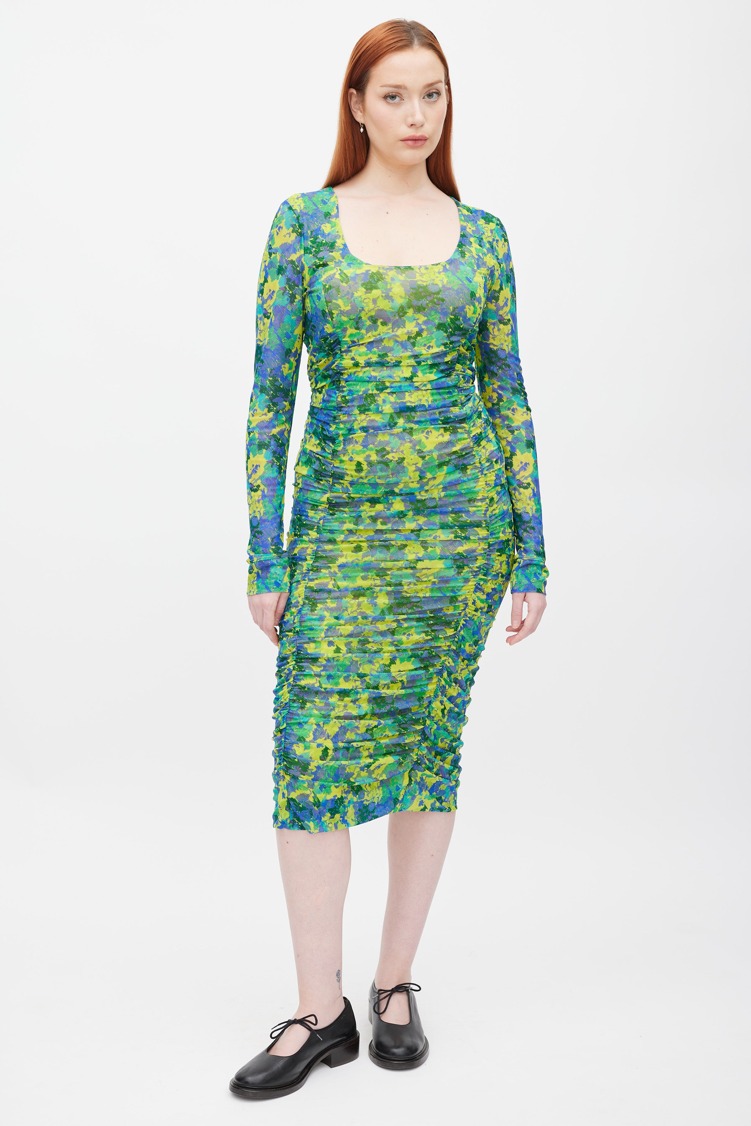 Ganni // Green & Multicolour Printed Ruched Mesh Dress – VSP Consignment