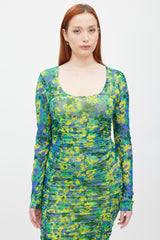 Ganni Green & Multicolour Printed Ruched Mesh Dress