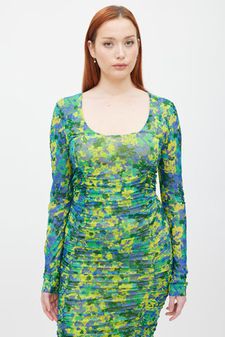 Ganni Green & Multicolour Printed Ruched Mesh Dress