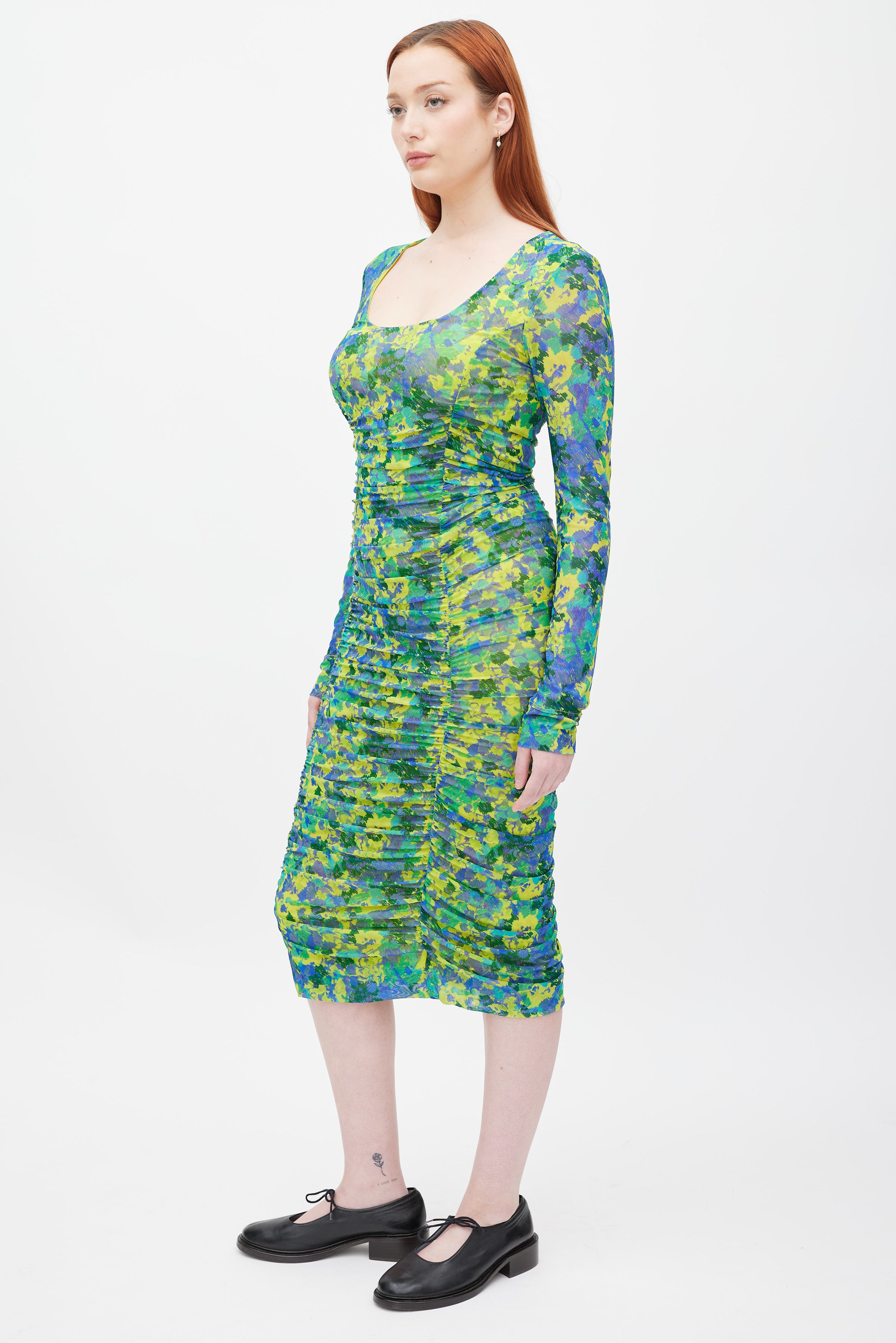 ganni printed ruched mesh maxi dress Printed Mesh O-Neck Ruched Long Dress