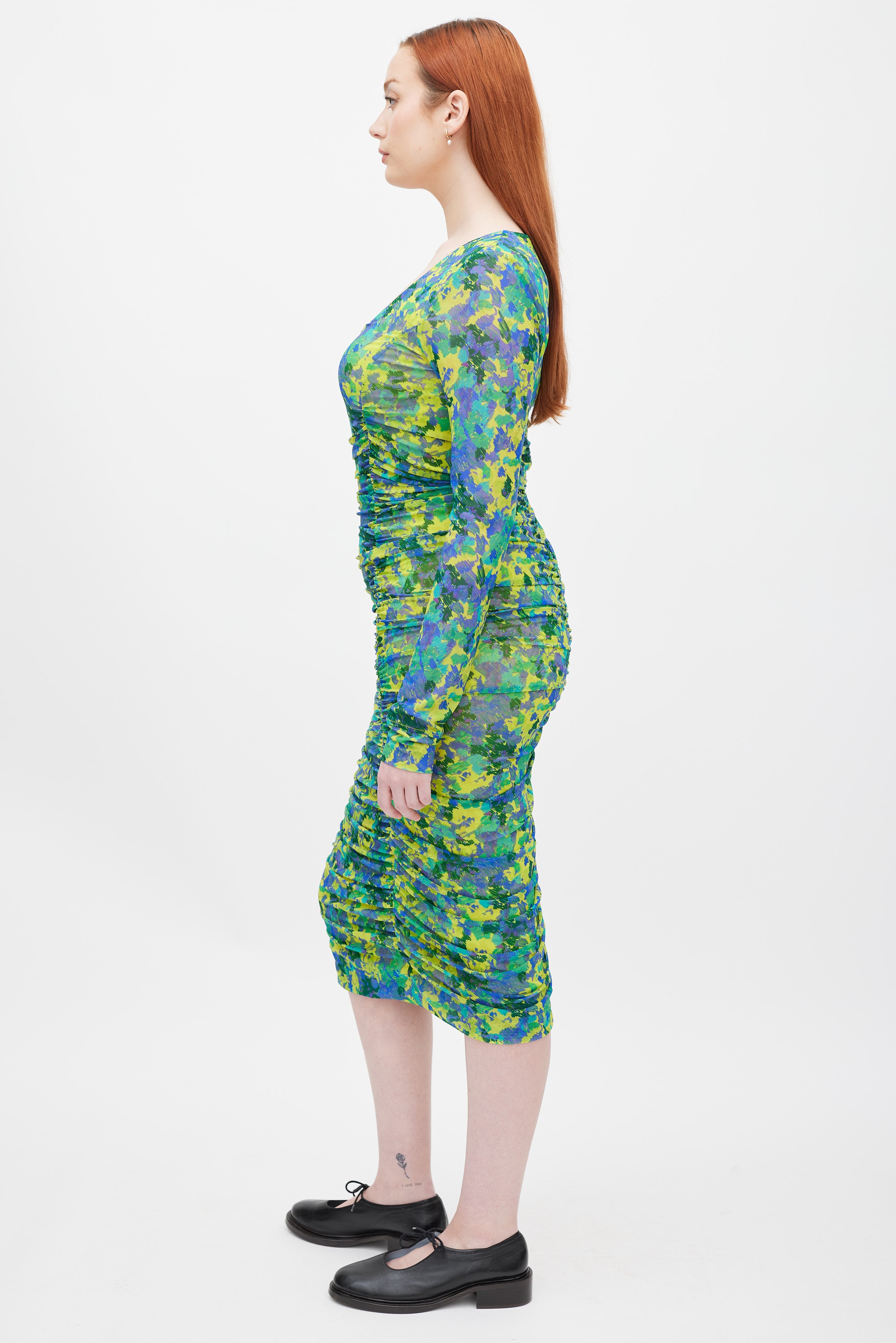 Ganni // Green & Multicolour Printed Ruched Mesh Dress VSP Consignment Ganni // Green & Multicolour Printed Ruched Mesh Dress VSP Consignment