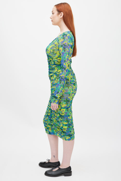 Ganni Green & Multicolour Printed Ruched Mesh Dress