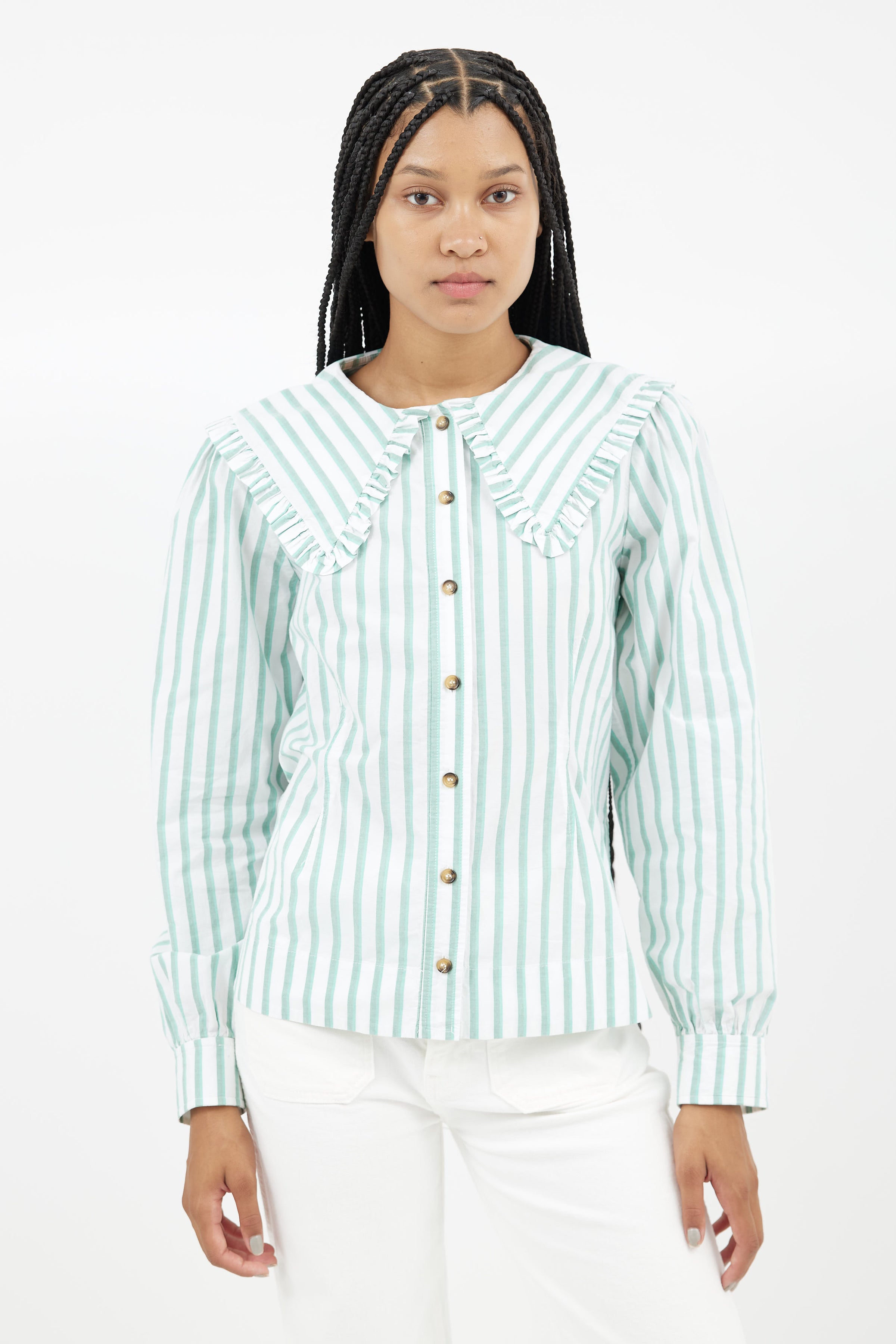 Ganni // Green & White Stripes Shirt VSP Consignment Ganni // Green & White Stripes Shirt VSP Consignment