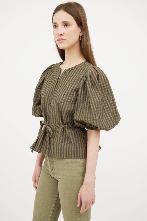 Ganni Green & Black Gingham Puffed Top