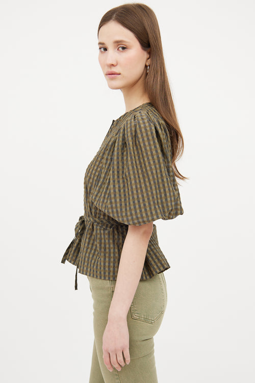 Ganni Green & Black Gingham Puffed Top