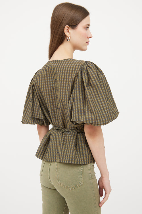 Ganni Green & Black Gingham Puffed Top