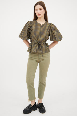 Ganni Green & Black Gingham Puffed Top