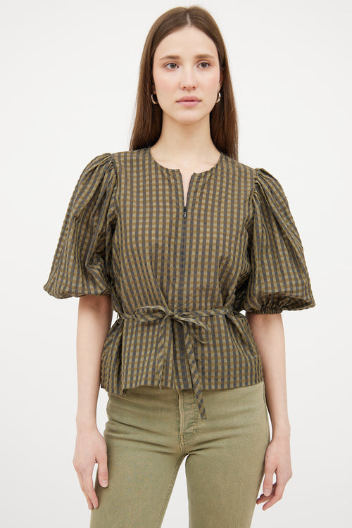 Ganni Green & Black Gingham Puffed Top