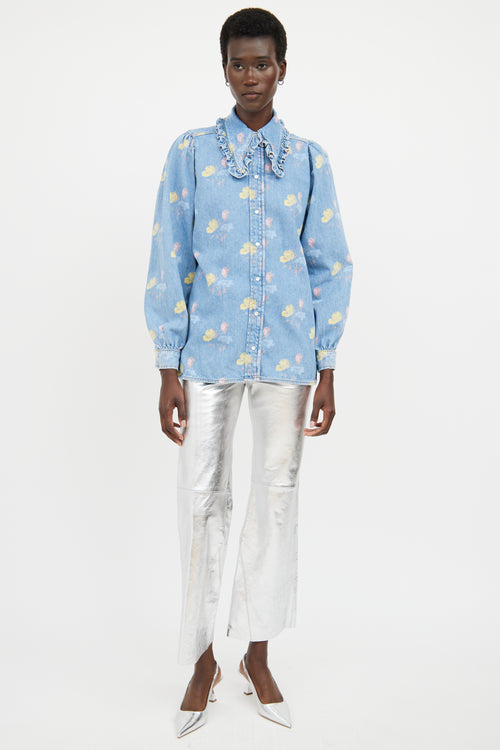 Ganni Blue & Multicolour Floral Ruffled Denim Shirt