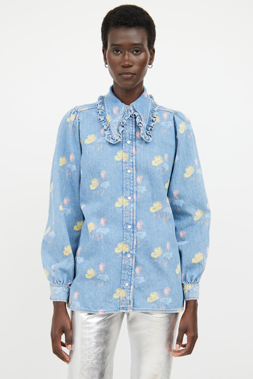 Ganni Blue & Multicolour Floral Ruffled Denim Shirt