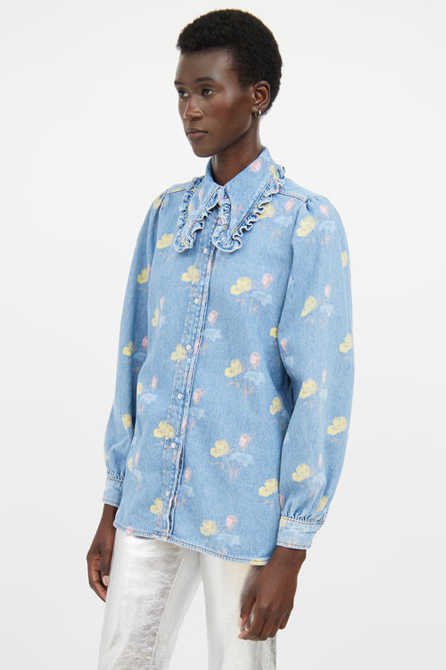 Ganni Blue & Multicolour Floral Ruffled Denim Shirt