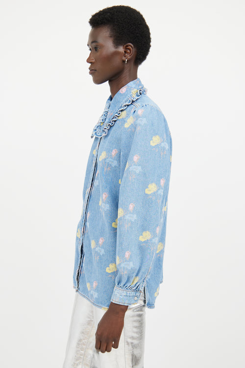 Ganni Blue & Multicolour Floral Ruffled Denim Shirt