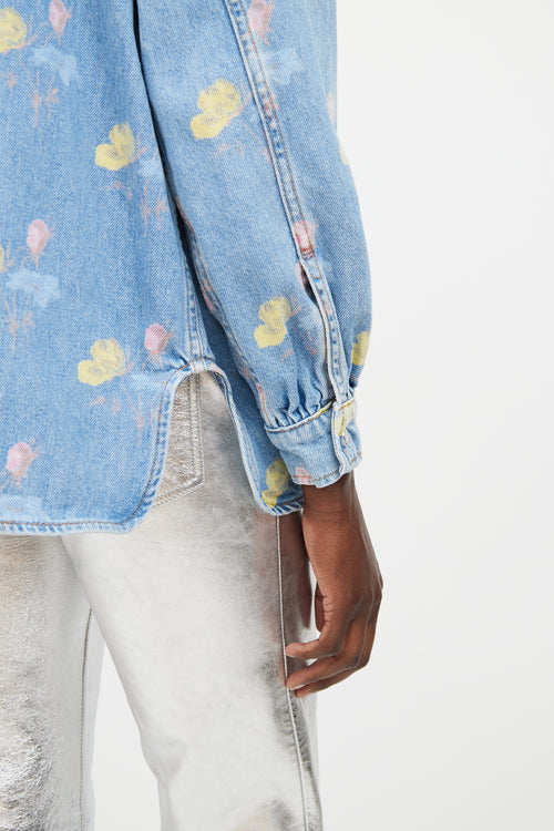 Ganni Blue & Multicolour Floral Ruffled Denim Shirt