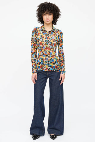 Ganni Mesh Floral Button Up Top