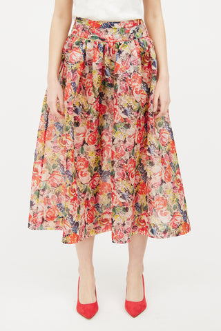 Ganni Multi Floral Print Silk Skirt