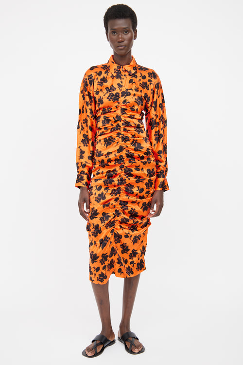 Ganni Orange & Black Floral Silk Dress