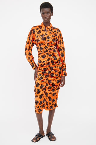 Ganni Orange & Black Floral Silk Dress