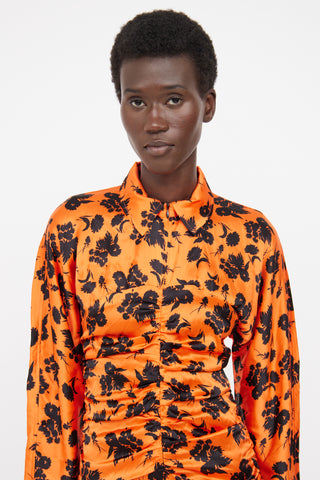 Ganni Orange & Black Floral Silk Dress