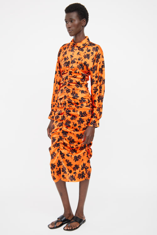 Ganni Orange & Black Floral Silk Dress