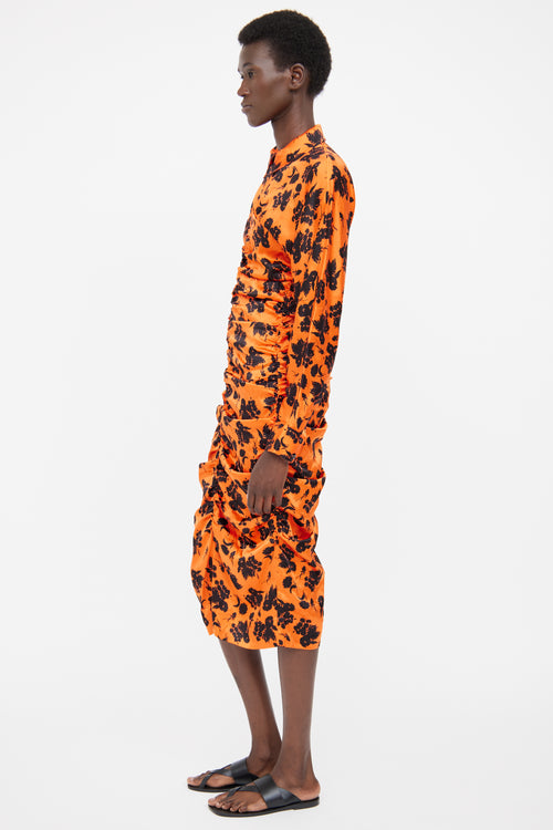 Ganni Orange & Black Floral Silk Dress