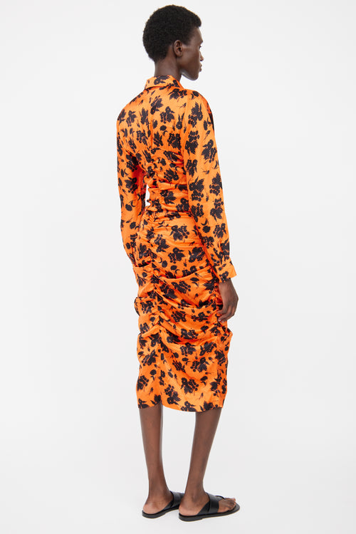 Ganni Orange & Black Floral Silk Dress