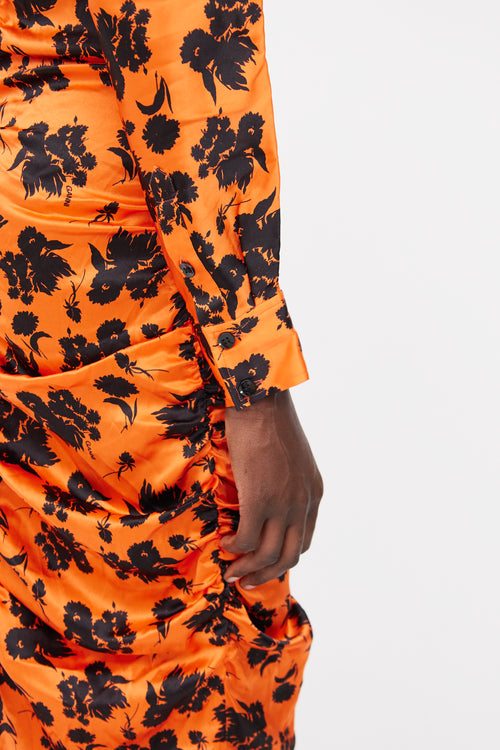 Ganni Orange & Black Floral Silk Dress