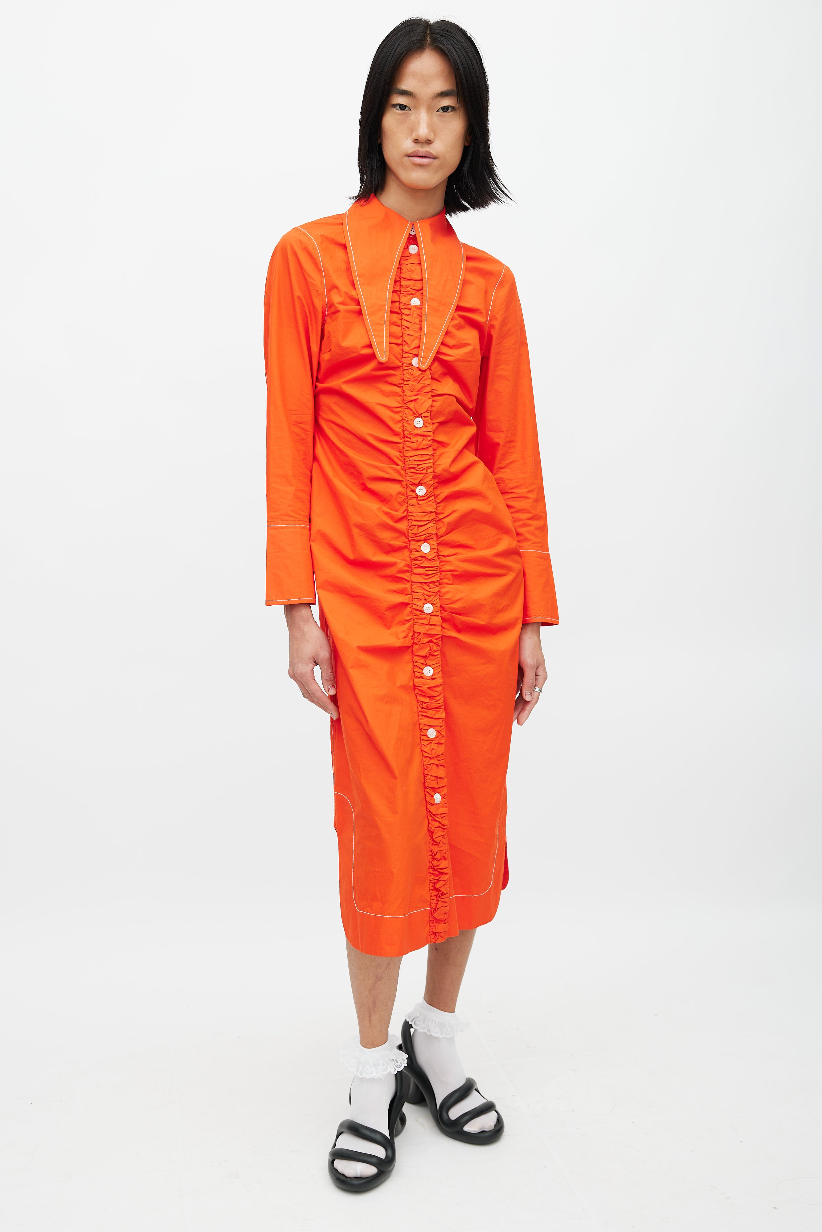 orange ganni dress Ganni PRINTED MESH RUCHED SLEEVELESS MIDI DRESS - ORANGEADE on Garmentory