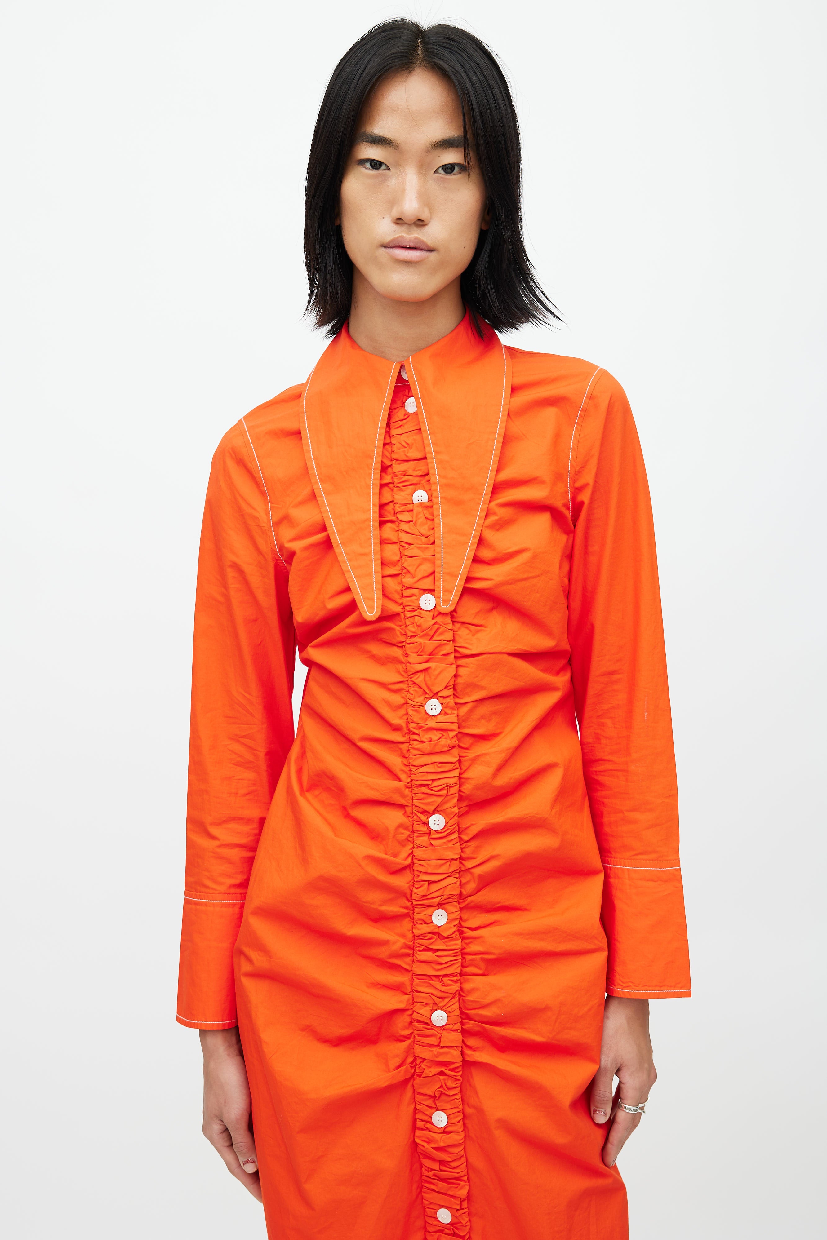 ganni orange ruched dress Ruched crinkled stretch-satin midi dress - tomato red