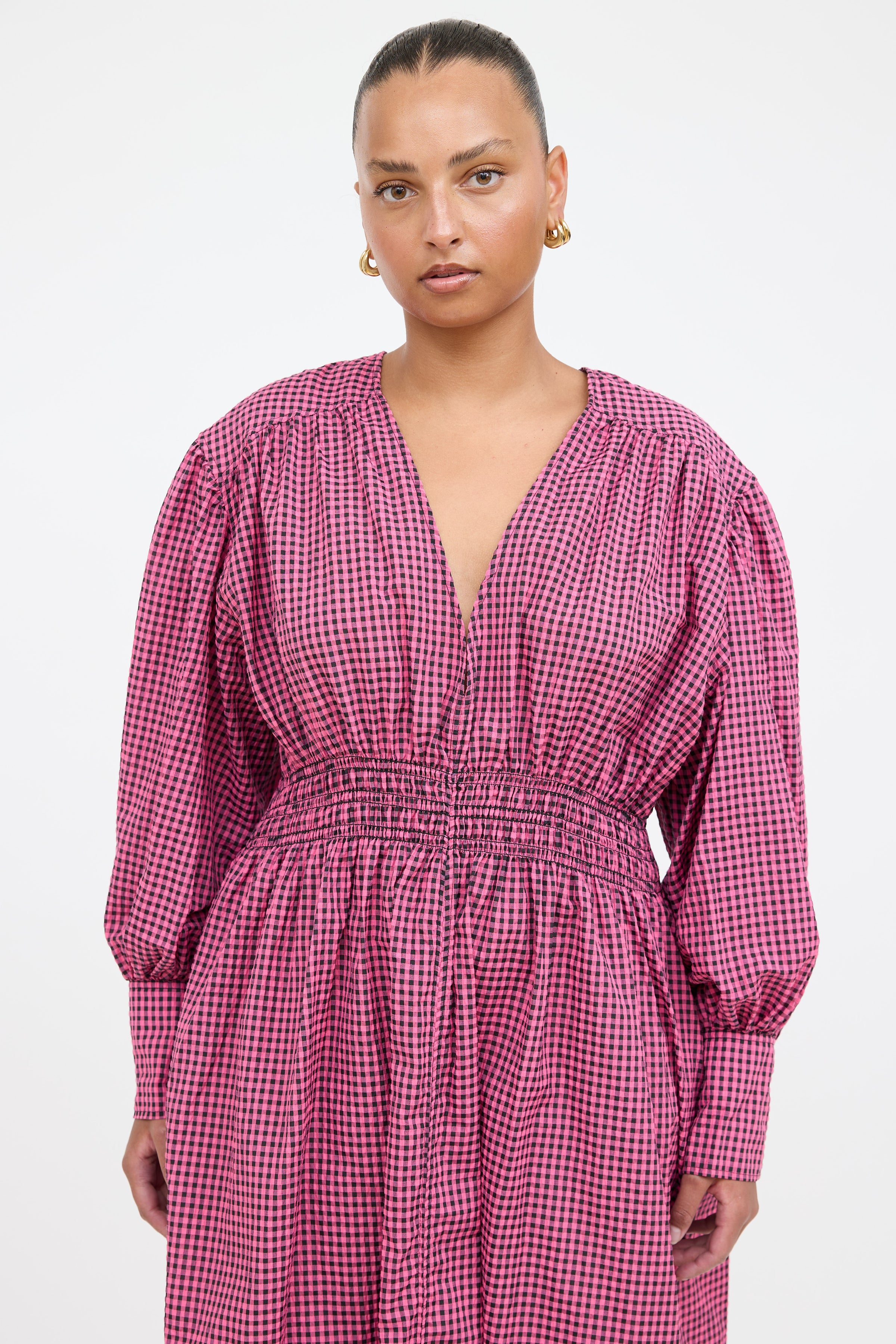 ganni pink gingham dress GANNI Prairie Pink Blue Gingham Check Seersucker Ruffle High Neck Dres