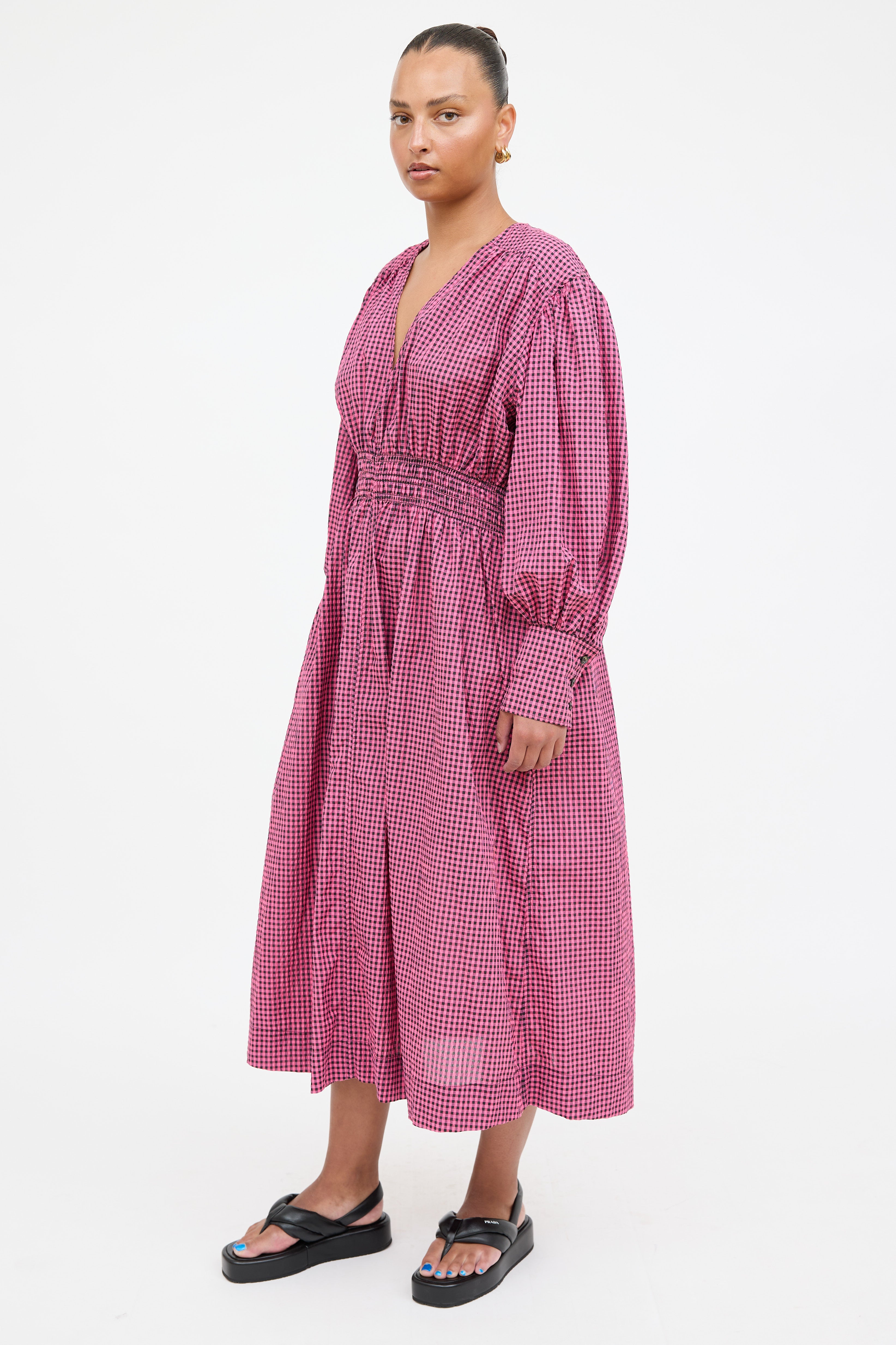 ganni pink gingham dress GANNI Prairie Pink Blue Gingham Check Seersucker Ruffle High Neck Dres