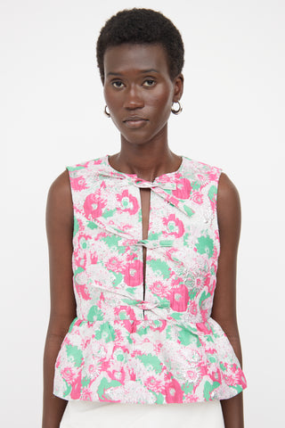 Ganni Pink & Green Floral Peplum Tie Top