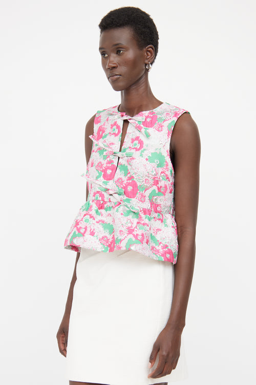 Ganni Pink & Green Floral Peplum Tie Top