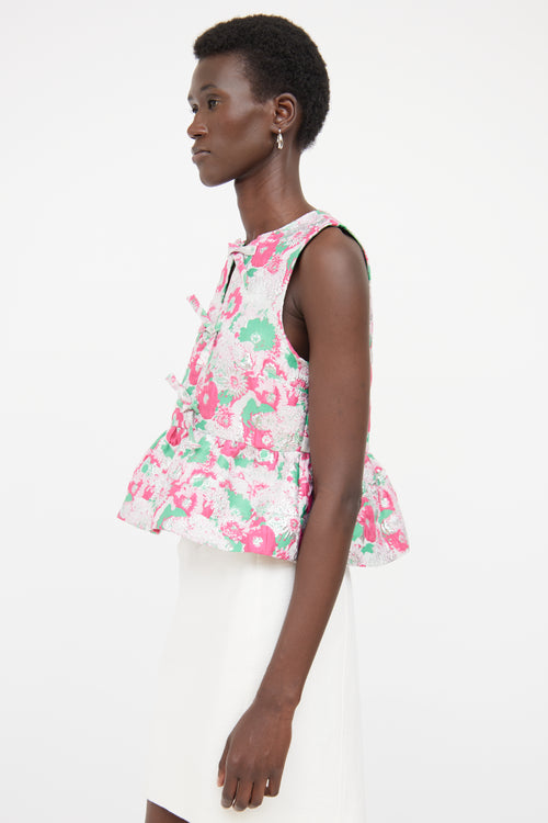 Ganni Pink & Green Floral Peplum Tie Top