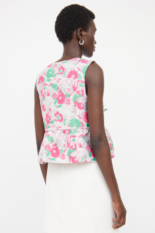 Ganni Pink & Green Floral Peplum Tie Top