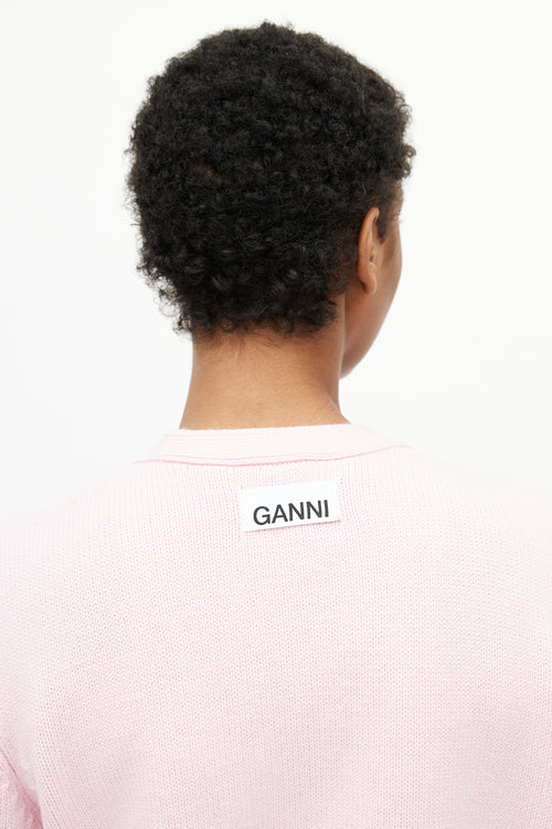Ganni Pink Wool Logo Cardigan